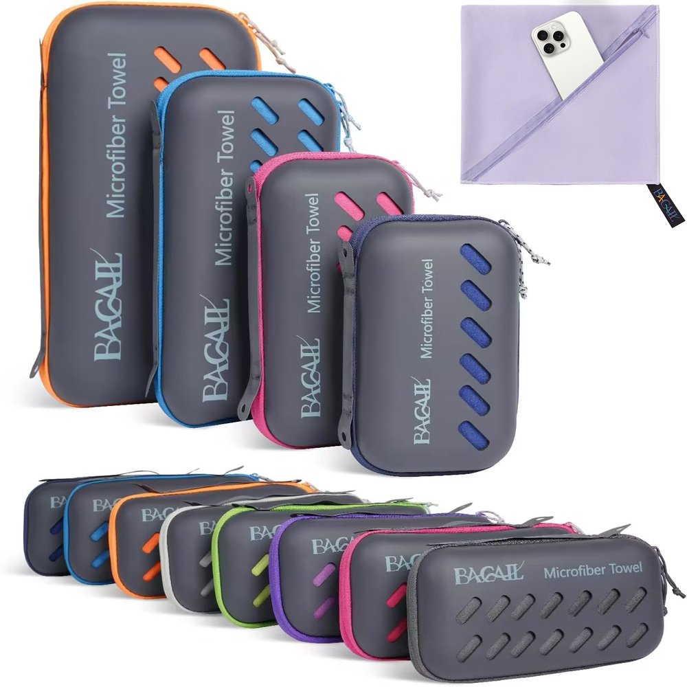 BAGAIL Camping Towel with EVA Case, Compact & Ultra Soft Microfiber Travel Towel - Super Absorbent & Lightweight Quick Dry Towels for Sports, Beach, Gym, Backpacking, Hiking and Yoga - Light Purple, S