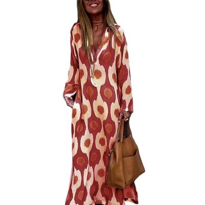 Akivide Women's Boho Floral Printed Long Sleeve Dress Casual Loose V Neck Long Dress Summer Fall Maxi Dresses