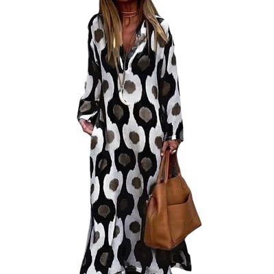 Akivide Women's Boho Floral Printed Long Sleeve Dress Casual Loose V Neck Long Dress Summer Fall Maxi Dresses