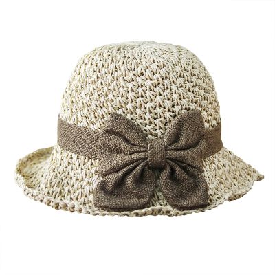 Beach Bucket Hat for Women Ladies Bow Wide Brim Summer Straw Sun Hat UPF50+ Foldable Travel Cap UV Sun Protection Hat Beige