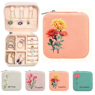 POKEHAND Personalized Jewelry Box, With Name and Flower Custom Travel Jewelry Case Box Organizer Box, Birthday Gifts for Women, Bridesmaid Proposal Unique Presents