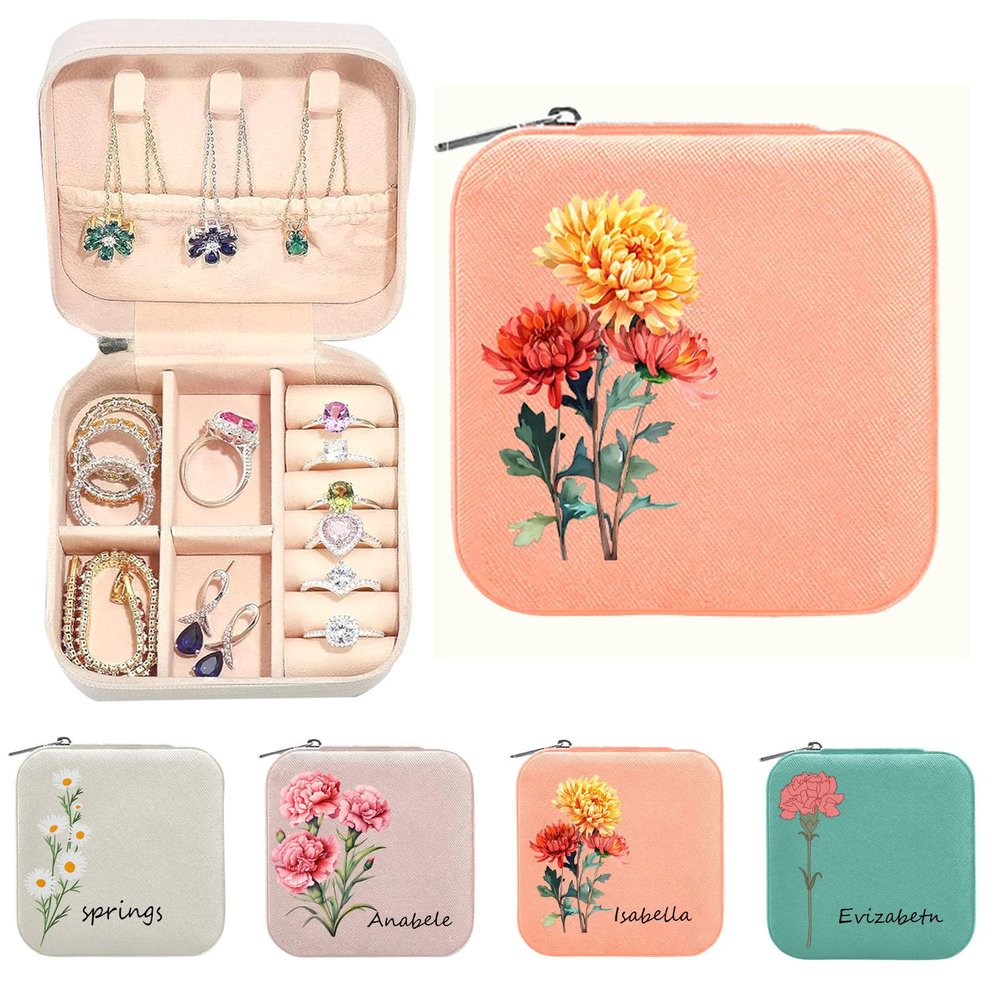 POKEHAND Personalized Jewelry Box, With Name and Flower Custom Travel Jewelry Case Box Organizer Box, Birthday Gifts for Women, Bridesmaid Proposal Unique Presents