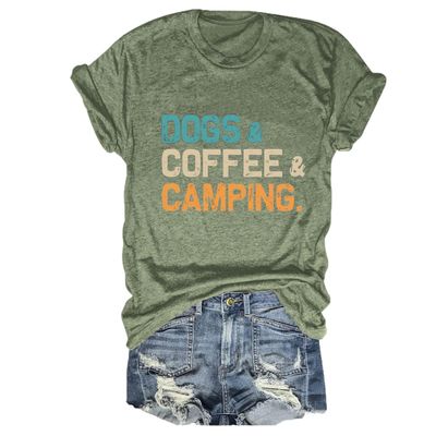 Dogs Coffee Camping Shirt, Camping Birthday Gift Tees, Dog Lover T Shirt for Women Adventure Vacation Summer Tops