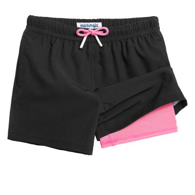 maamgic Boys Swim Trunks with Compression Liner Toddler Stretch Swim Shorts Quick Dry Swimming Trunks Boxer Brief 2 in 1 Beach Shorts Black Pink 3T