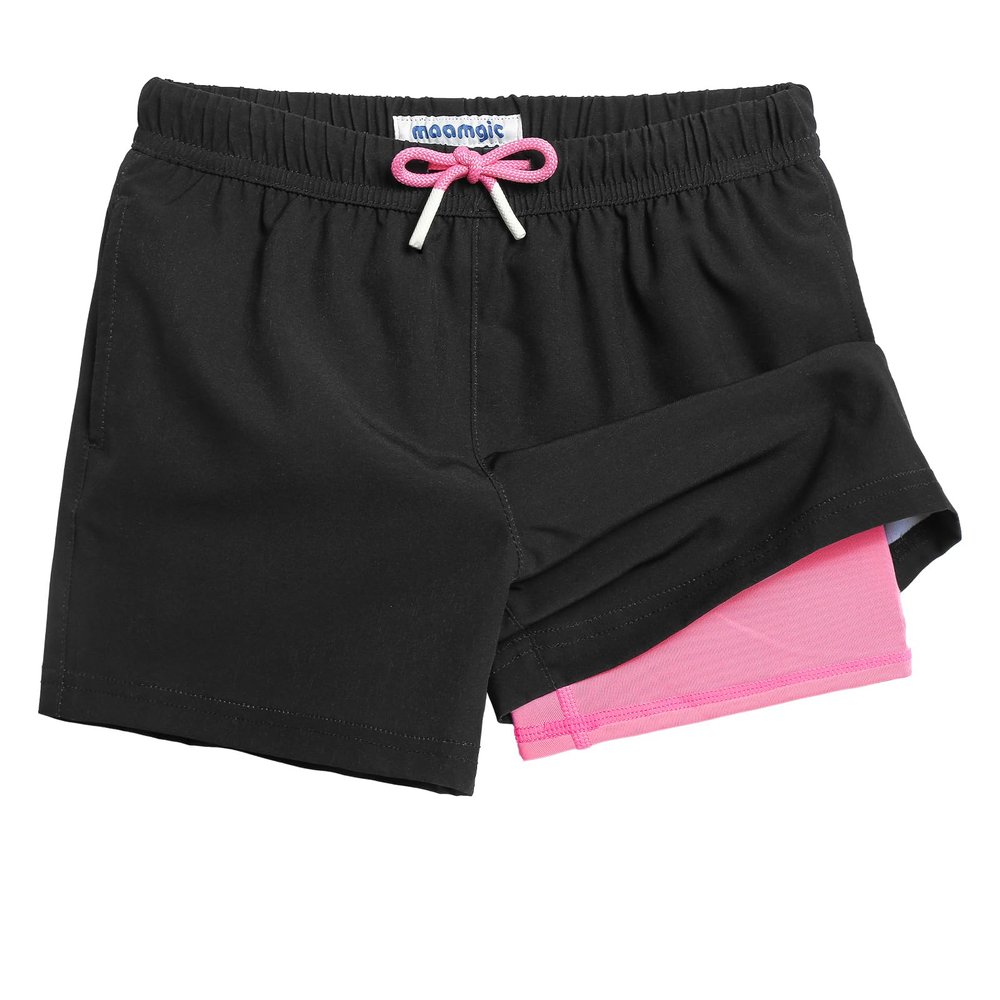 maamgic Boys Swim Trunks with Compression Liner Toddler Stretch Swim Shorts Quick Dry Swimming Trunks Boxer Brief 2 in 1 Beach Shorts Black Pink 3T