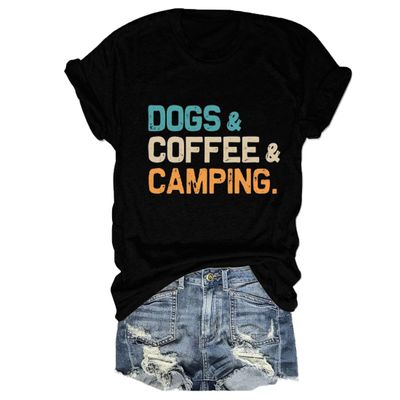 Dogs Coffee Camping Shirt, Camping Birthday Gift Tees, Dog Lover T Shirt for Women Adventure Vacation Summer Tops