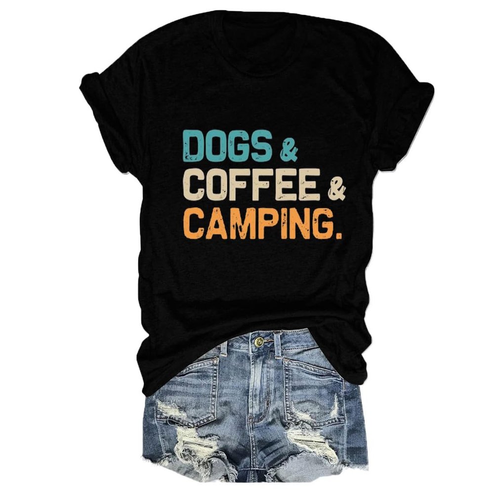 Dogs Coffee Camping Shirt, Camping Birthday Gift Tees, Dog Lover T Shirt for Women Adventure Vacation Summer Tops