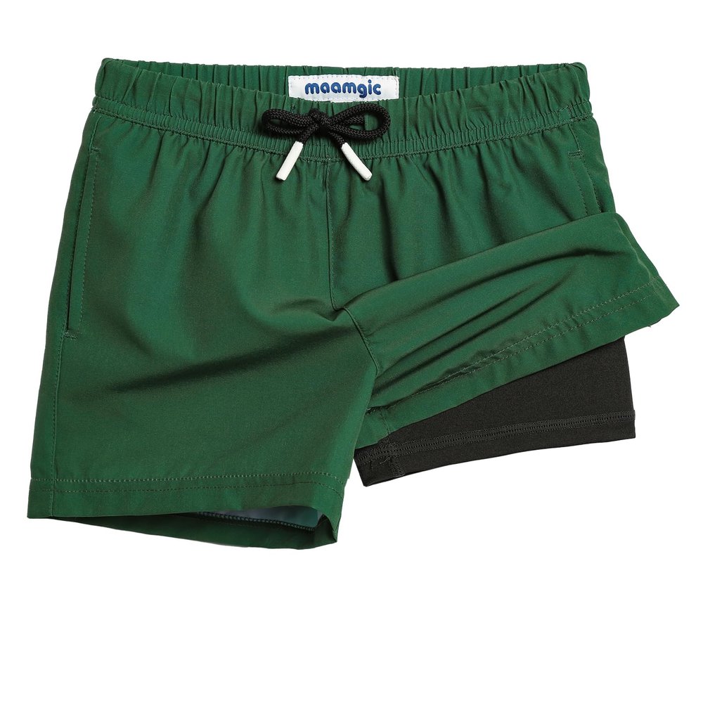 maamgic Boys Swim Trunks with Compression Liner Toddler Stretch Swim Shorts Quick Dry Swimming Trunks Boxer Brief 2 in 1 Beach Shorts Dark Green 8