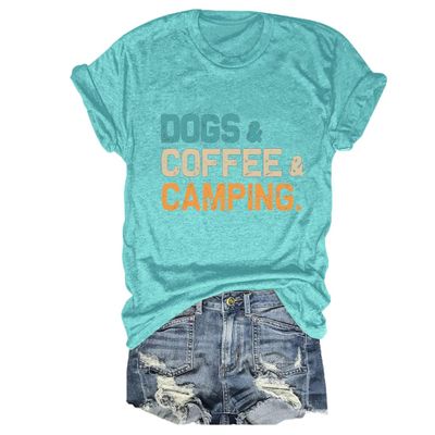 Dogs Coffee Camping Shirt, Camping Birthday Gift Tees, Dog Lover T Shirt for Women Adventure Vacation Summer Tops
