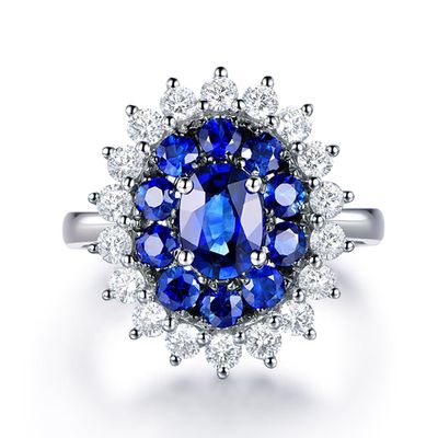 NineFit Basics Luxurious Adjustable Blue Gem Engagement Ring - 18K Gold Diamond-encrusted Colored Anniversary Ring, Crystal Marriage Proposal Ring for Women, Silver