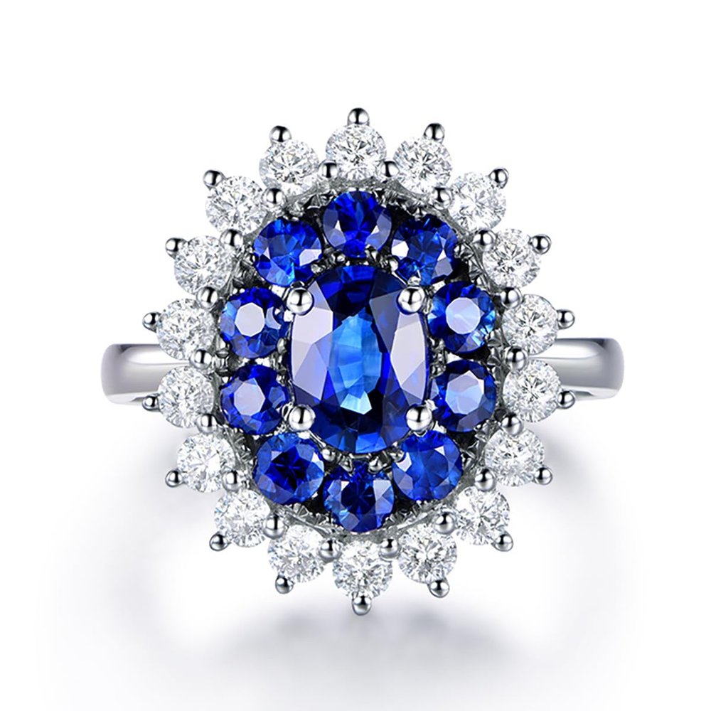 NineFit Basics Luxurious Adjustable Blue Gem Engagement Ring - 18K Gold Diamond-encrusted Colored Anniversary Ring, Crystal Marriage Proposal Ring for Women, Silver