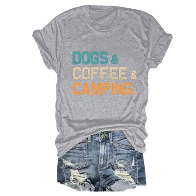 Dogs Coffee Camping Shirt, Camping Birthday Gift Tees, Dog Lover T Shirt for Women Adventure Vacation Summer Tops