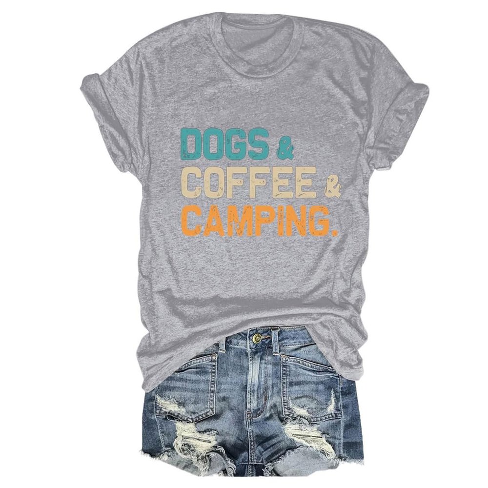 Dogs Coffee Camping Shirt, Camping Birthday Gift Tees, Dog Lover T Shirt for Women Adventure Vacation Summer Tops