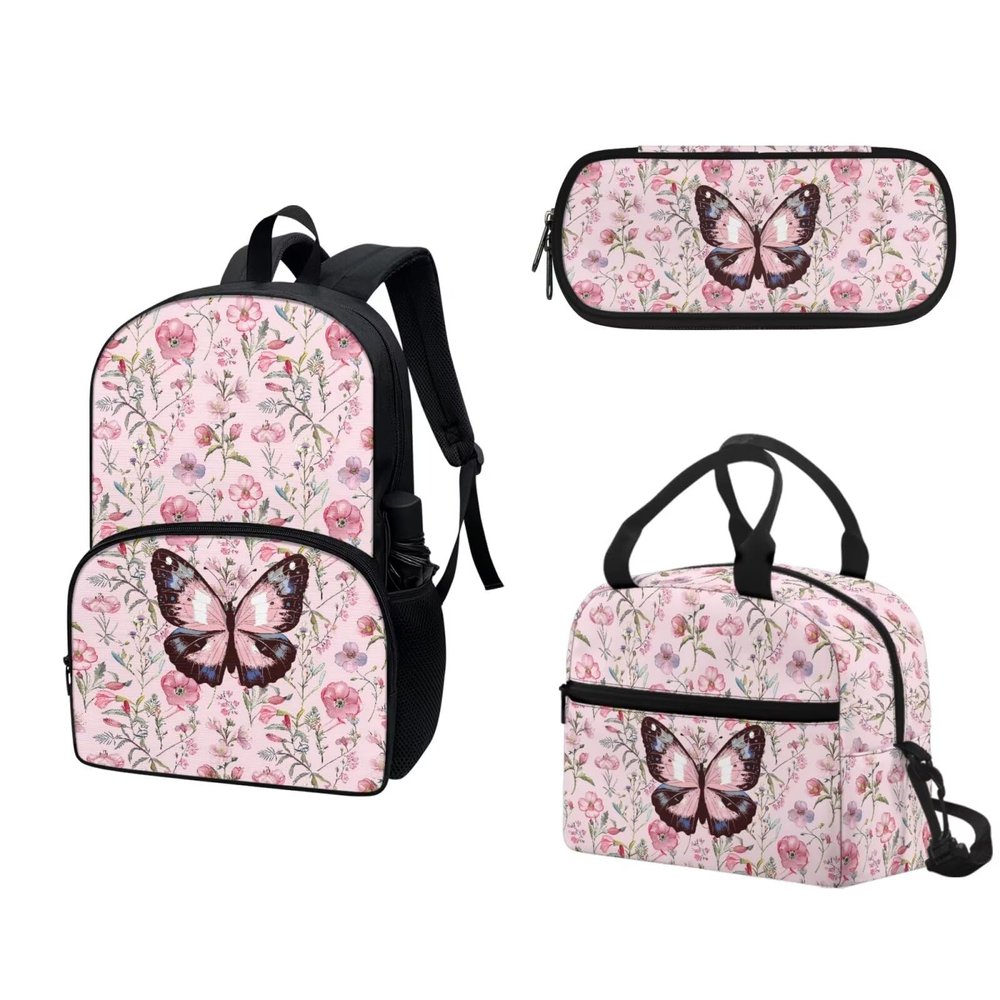 COEQINE Girls Backpack With Lunch Box Floral Butterfly Pattern Pencil Case Teens Girls High School Set With Aesthetic Big Lunch Box Shoulder Strap Pen Bag for Kids Girls,Retro Style 3 Pieces