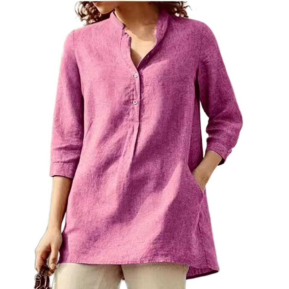 Akivide Women's Summer Cotton Linen 3/4 Sleeve Tunic Top Dressy Casual Loose Beach Button Blouse Shirt with Pockets