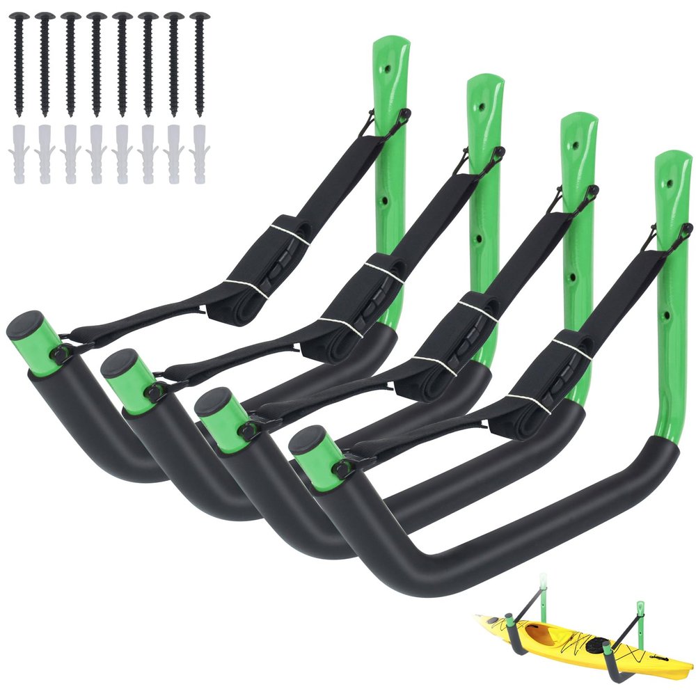 DEDU Kayak Storage Rack, Kayak Wall Mount Hangers 4 Pack, Paddle Board Holder Wall Mount Kayak Storage Hooks 15 Inch with Lashing Straps for Hanging Canoe Surfboard Snowboard Ladders Bikes (Green)