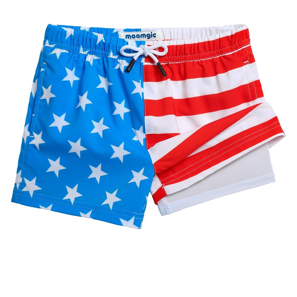 maamgic Boys Swim Trunks with Compression Liner Toddler Stretch Swim Shorts Quick Dry Swimming Trunks Boxer Brief 2 in 1 Beach Shorts American Flag 2T