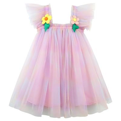 AGQT Baby Girls Tulle Tutu Dress Sleeveless Infant Tutu Dresses Birthday Party Holiday Wedding Layered Lace Mini Layers Dress with Cartoon Flower Streamer-Pink Size 6-12 Months