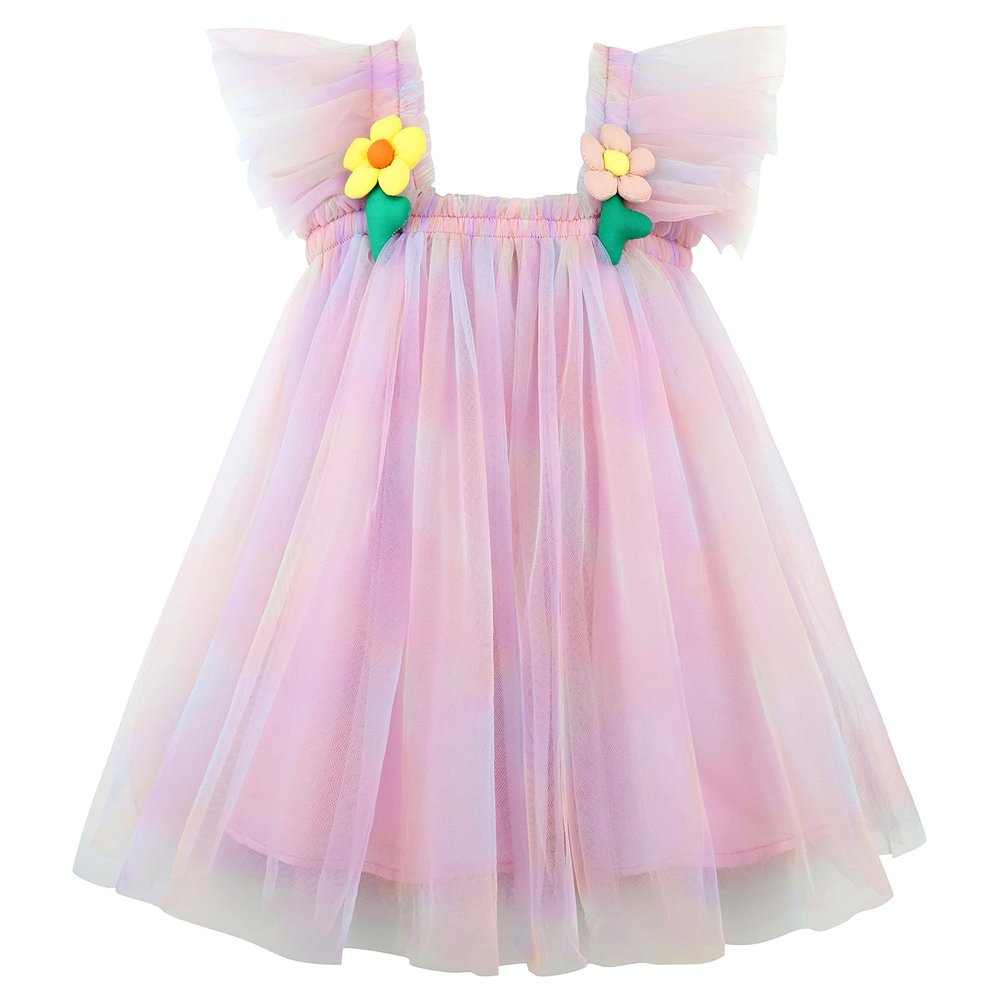 AGQT Baby Girls Tulle Tutu Dress Sleeveless Infant Tutu Dresses Birthday Party Holiday Wedding Layered Lace Mini Layers Dress with Cartoon Flower Streamer-Pink Size 6-12 Months