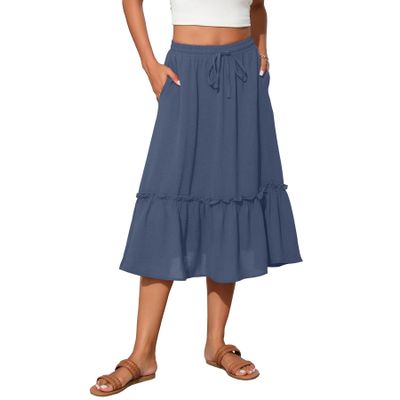 Witsmile Womens Skirts - High Waisted Tiered Skirts for Women Knee Length with Pockets Beach Cover-ups(Grayish Blue,S)