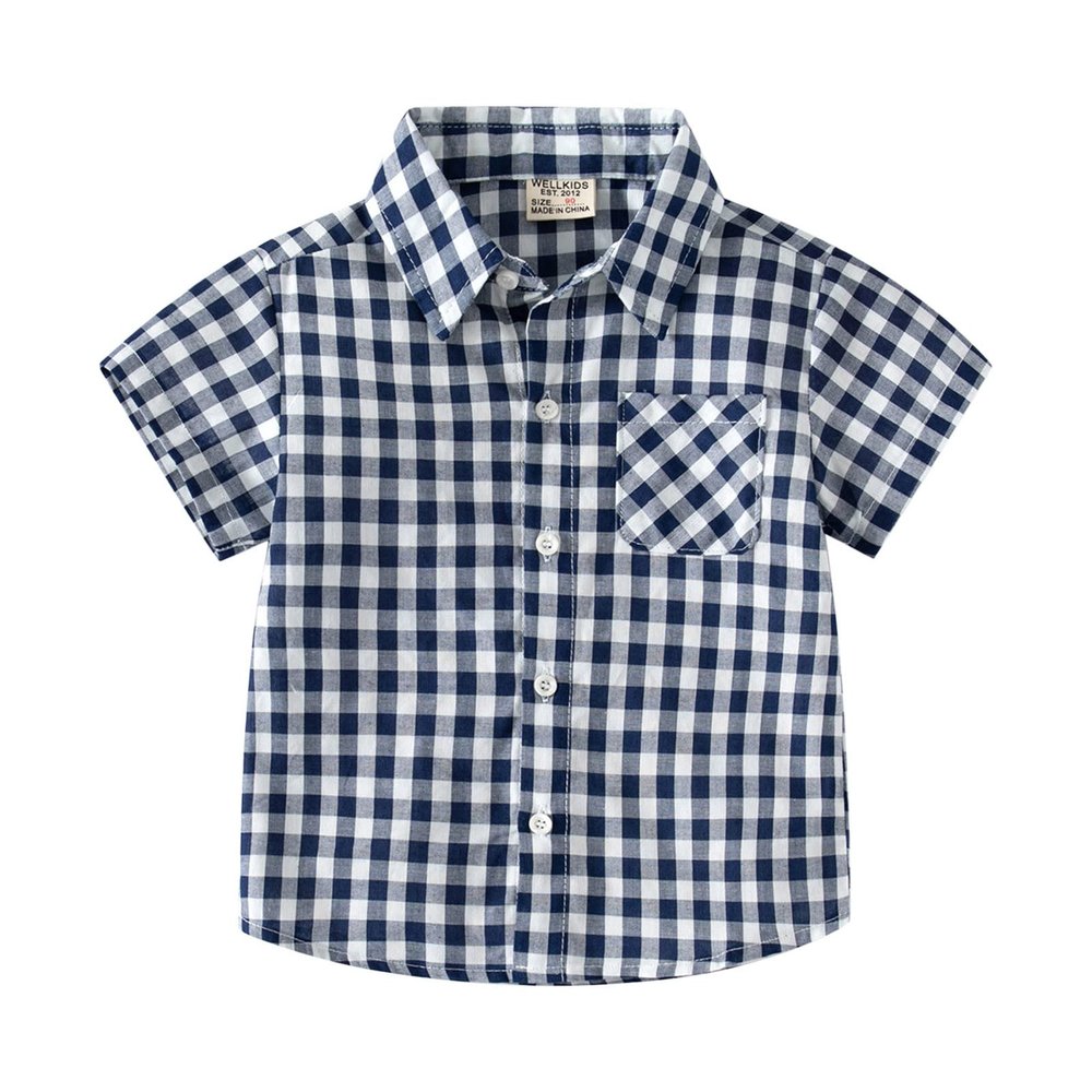 NineFit Basics Boys' Casual Short Sleeve Button Down Shirts Cotton Plaid Baby-Boys Short Sleeve Button Up Plaid Shirt (Blue, 2-3 Years)