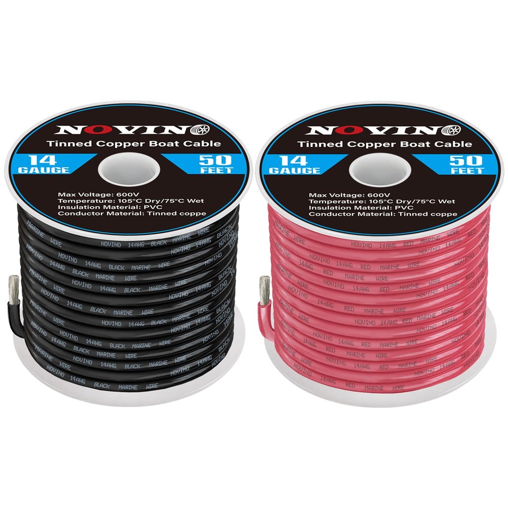 14 Gauge Marine Wire 14 AWG Marine Grade Wire Include 14 Gauge 50FT Red & 50FT Black,14 AWG Tinned Copper Cable Oxygen-Free Boat Cable for Automotive Boat Speaker RV Camper