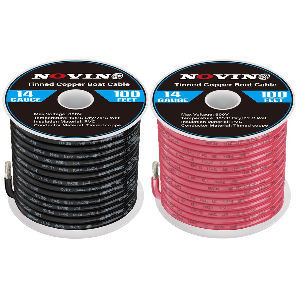 14 Gauge Marine Wire Include 14 AWG 100FT Red & 100FT Black,14 Gauge Marine Grade Wire Tinned Copper Oxygen-Free Boat Electrical Cable for Automotive/RV/Camper/Trailer Outdoor Use