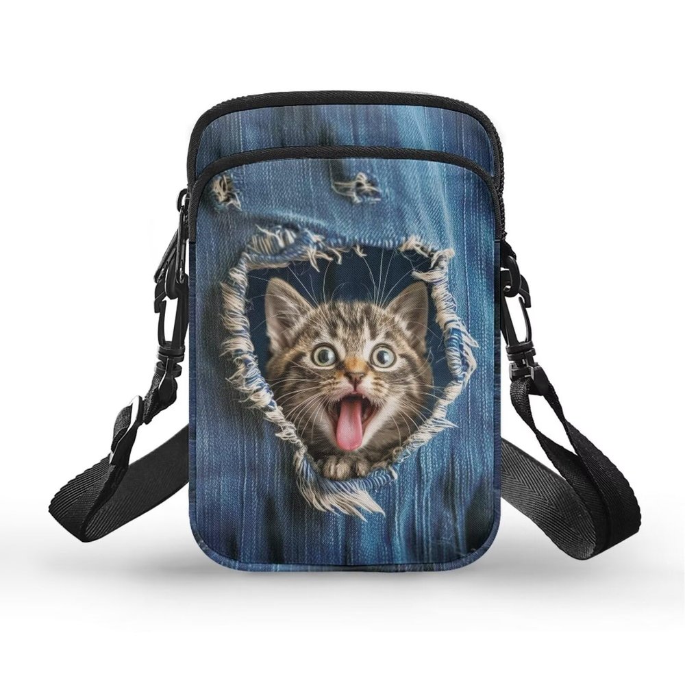 TSOVTHRID Cute Cat Denim Pocket Print Mens Chest Bag, Small Zipper Messenger Bag Wristband Sport Armband Wallet for Gifting, Blue