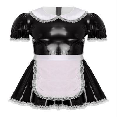 ACSUSS Mens Sissy Servants Maid Dress with Apron Ruffle Lace Patent Leather A-Line Dress Cosplay Costume Black 5X-Large