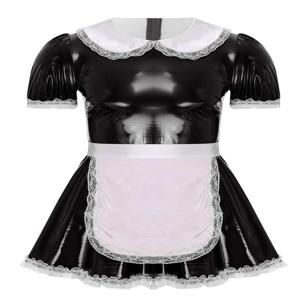 ACSUSS Mens Sissy Servants Maid Dress with Apron Ruffle Lace Patent Leather A-Line Dress Cosplay Costume Black 5X-Large