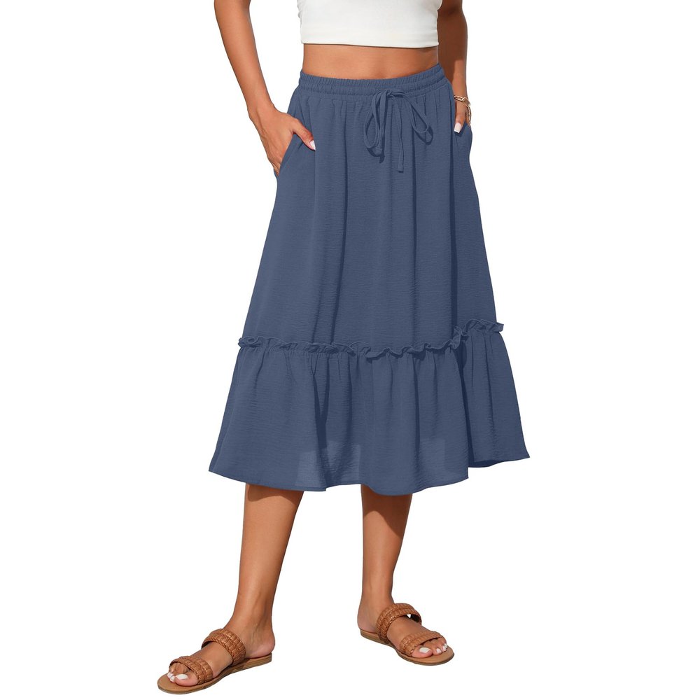 Witsmile Flowy Skirts for Women High Waisted Midi Skirt for Women Casual Knee Length Skirts with Pockets(Grayish Blue,M)