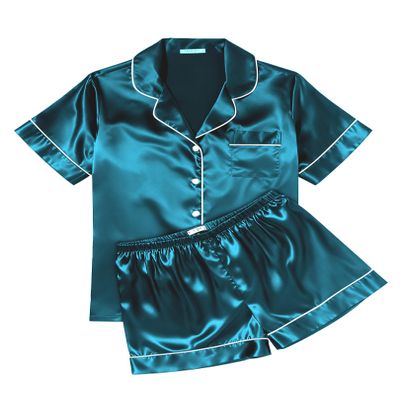 Ekouaer Womens Silk Satin Pajama Sets Soft Short Sleeve Button Down Sleepwear Top and Shorts 2 Piece Pjs Lounge Set,Lake Blue,M