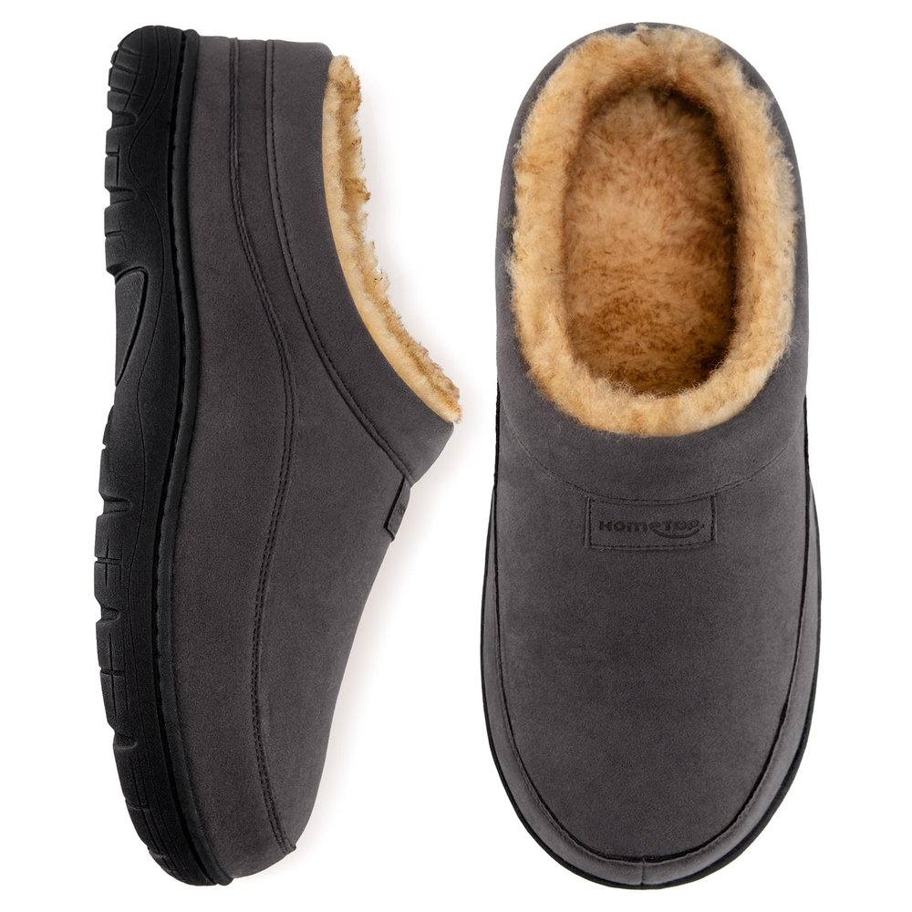 HomeTop Men's Moccasin Slippers Soft Warm Non-slip Memory Foam Indoor House Shoes with Fluffy Lining Gray, 11-12 US