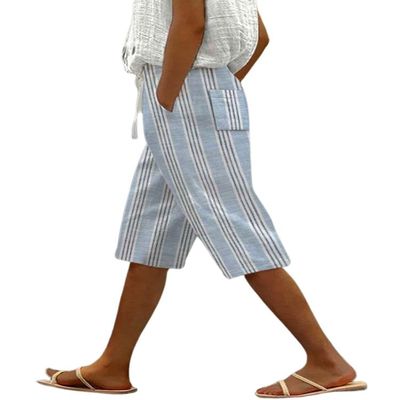 chouyatou Women's Vintage 90s Striped Pattern High Elastic Waisted Wide Leg Cropped Capri Pants with Pockets (XX-Large, Blue)