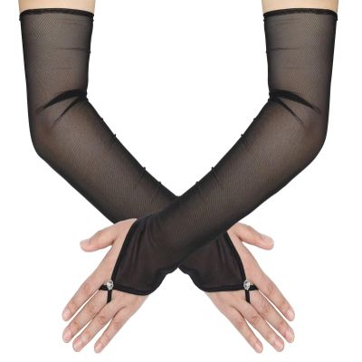 zeasciosd Women's Long Fingerless Sheer Gloves Tulle Mesh Gloves for Wedding Bridal Opera Party Halloween Costume Black