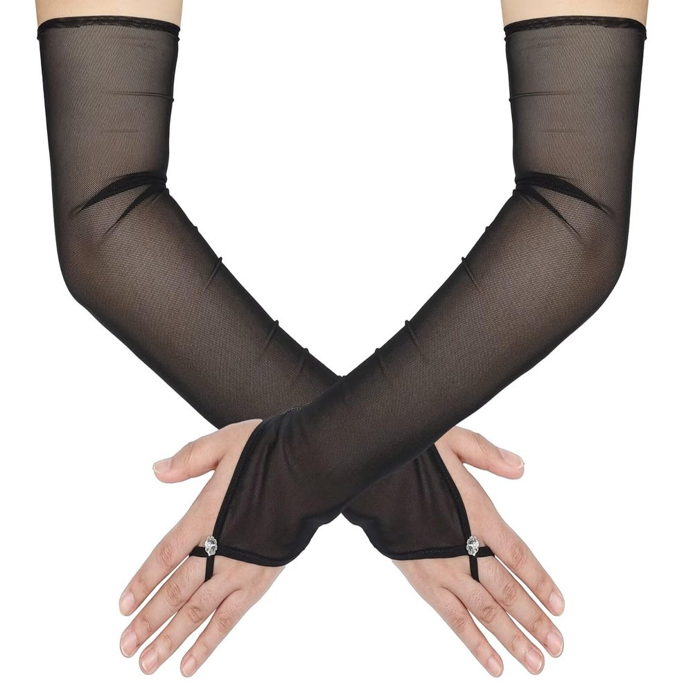 zeasciosd Women's Long Fingerless Sheer Gloves Tulle Mesh Gloves for Wedding Bridal Opera Party Halloween Costume Black