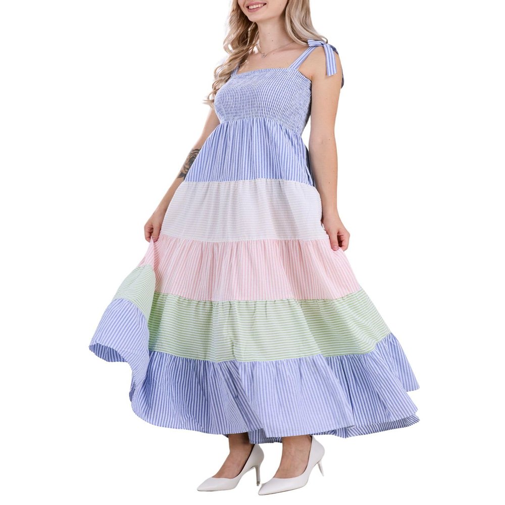 chouyatou Women's Color Block Striped Smocked Maxi Dress Sexy Spaghetti Strap Tiered Flowy Beach Maxi Dress (X-Small, Blue)