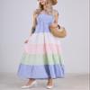 chouyatou Women's Color Block Striped Smocked Maxi Dress Sexy Spaghetti Strap Tiered Flowy Beach Maxi Dress (X-Small, Blue) view 2