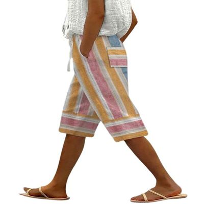chouyatou Women's Vintage 90s Striped Pattern High Elastic Waisted Wide Leg Cropped Capri Pants with Pockets (Small, Yellow Pink)