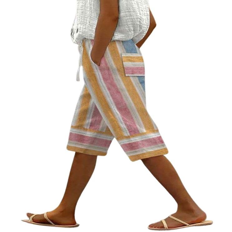 chouyatou Women's Vintage 90s Striped Pattern High Elastic Waisted Wide Leg Cropped Capri Pants with Pockets (Small, Yellow Pink)