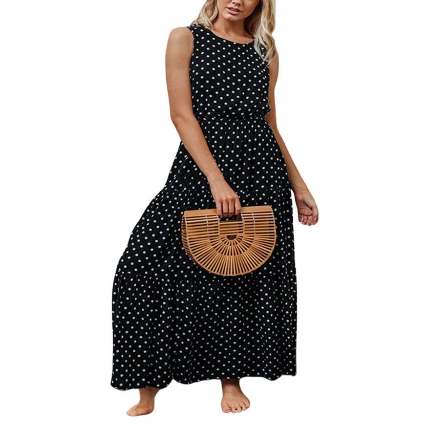 chouyatou Women's Vintage Polka Dot High Waist A Line Ruffle Tiered Midi Long Beach Party Sun Dress (Medium, Black)