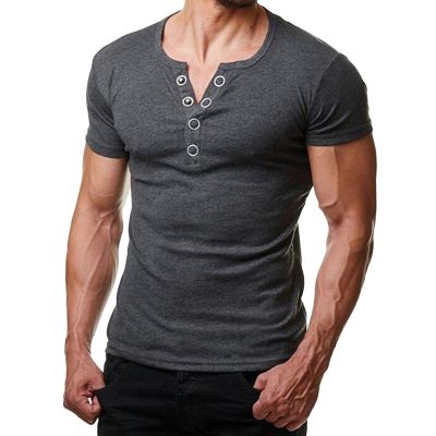 Men's Casual Henley Shirts Classic Button Cotton Short Sleeve T-Shirt Basic Workout Lightweight Golf Tees Tops Dark Grey