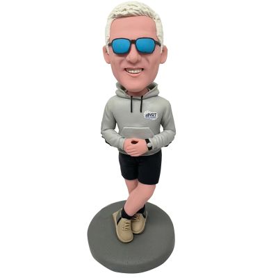 Bobble-Heads Figurine Customized Doll, Man in Grey Hoodies White Hair and Sunglasses Custom Bobble Head, Bobble Head Figures Handmade Personalized Sculpture Gift for Men