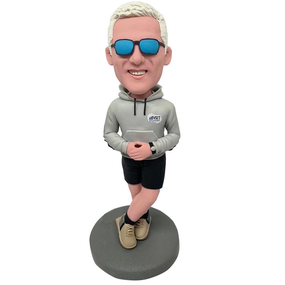 Bobble-Heads Figurine Customized Doll, Man in Grey Hoodies White Hair and Sunglasses Custom Bobble Head, Bobble Head Figures Handmade Personalized Sculpture Gift for Men