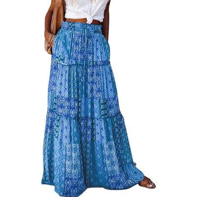 FQFGGYD Women's Boho Midi Skirt Print Summer Beach Maxi Skirts A-line Swing Dress High Waist Flare Flowy Skirt Blue
