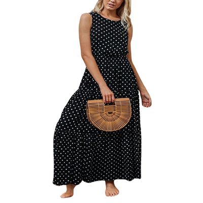 chouyatou Women's Vintage Polka Dot High Waist A Line Ruffle Tiered Midi Long Beach Party Sun Dress (Small, Black)