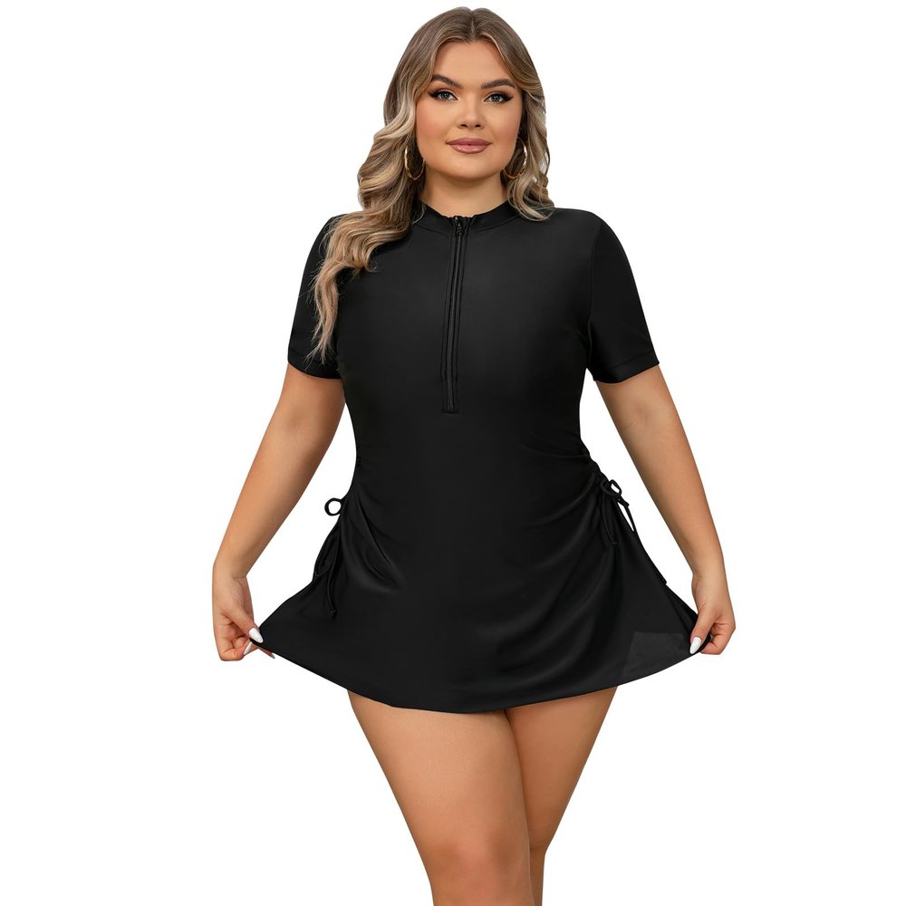 IKADEX Women Plus Size Rush Guard Zipper Swimwear Modest One-Piece Swimsuit Surfing Bathing Suit Black with Skirt L