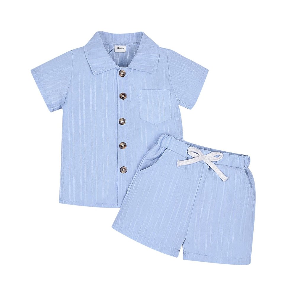 Baby Boy Clothes 18-24 Months Toddler Ribbed Button-Down Short Sleeve Shirt Tops + Casual Shorts Pocket Summer Outfit 2PCS set Blue 18 Months-24 Months Without Tee