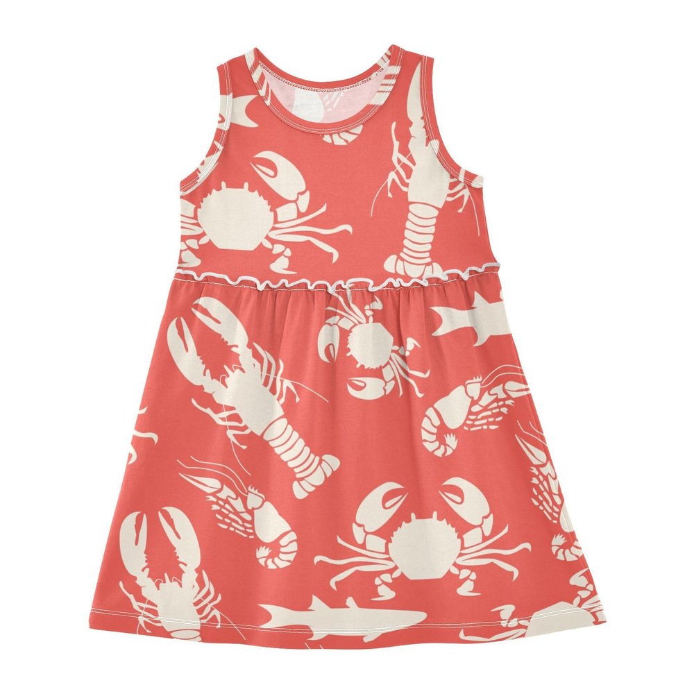 Aflyko Sleeveless Dress Crab Lobster Shrimp Fish Summer Party Dance Sundress for Little Girl Stretchy Dresses Beach Holiday Vacation Daily Casual Fun Dress 7-8T