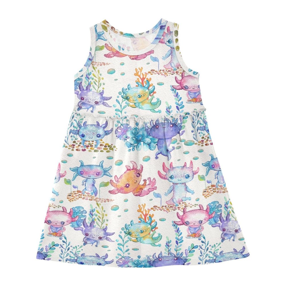 Aflyko Sleeveless Dress Fantasy Axolotls Floral Summer Party Dance Sundress for Little Girl Stretchy Dresses Beach Holiday Vacation Daily Casual Fun Dress 7-8T